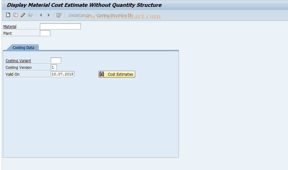 SAP TCode KKPCN - Display Cost Estimate with o Qty Structure
