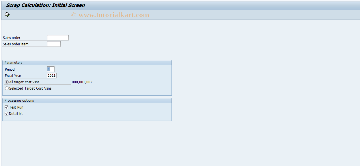 SAP TCode KKSW - Scrap - Cost by Sales Order (I)