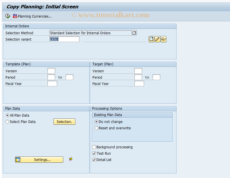 SAP TCode KO14 - Copy Planing for Internal Orders