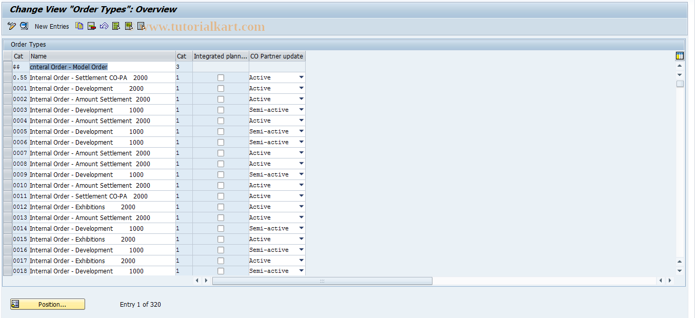 SAP TCode KOAI - Order Types: Default Int. Planning