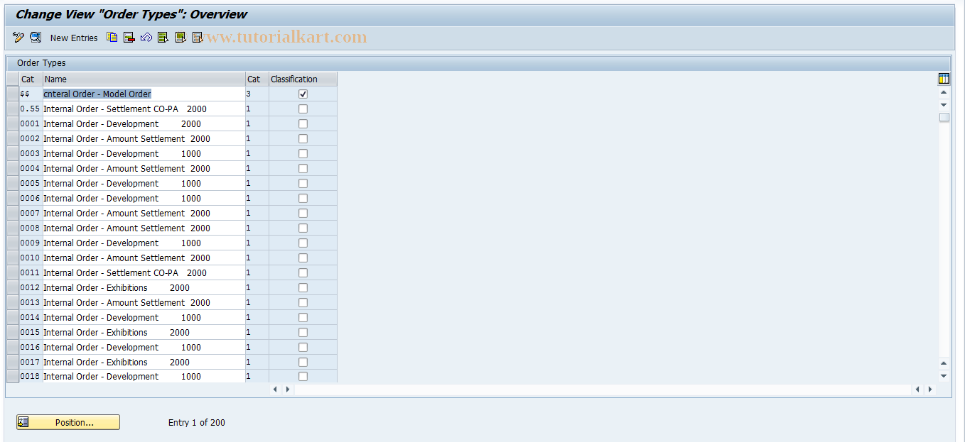 SAP TCode KOAK - Order Types: Classification