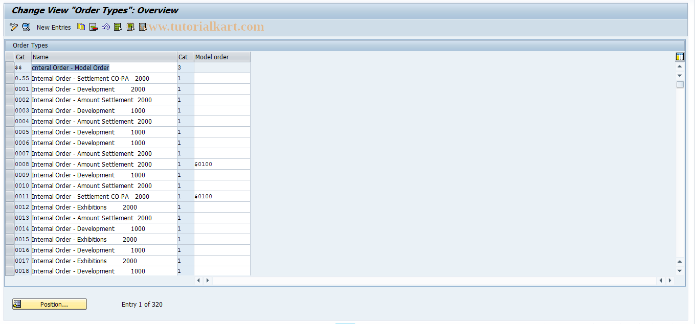 SAP TCode KOAM - Order Types: Model Order