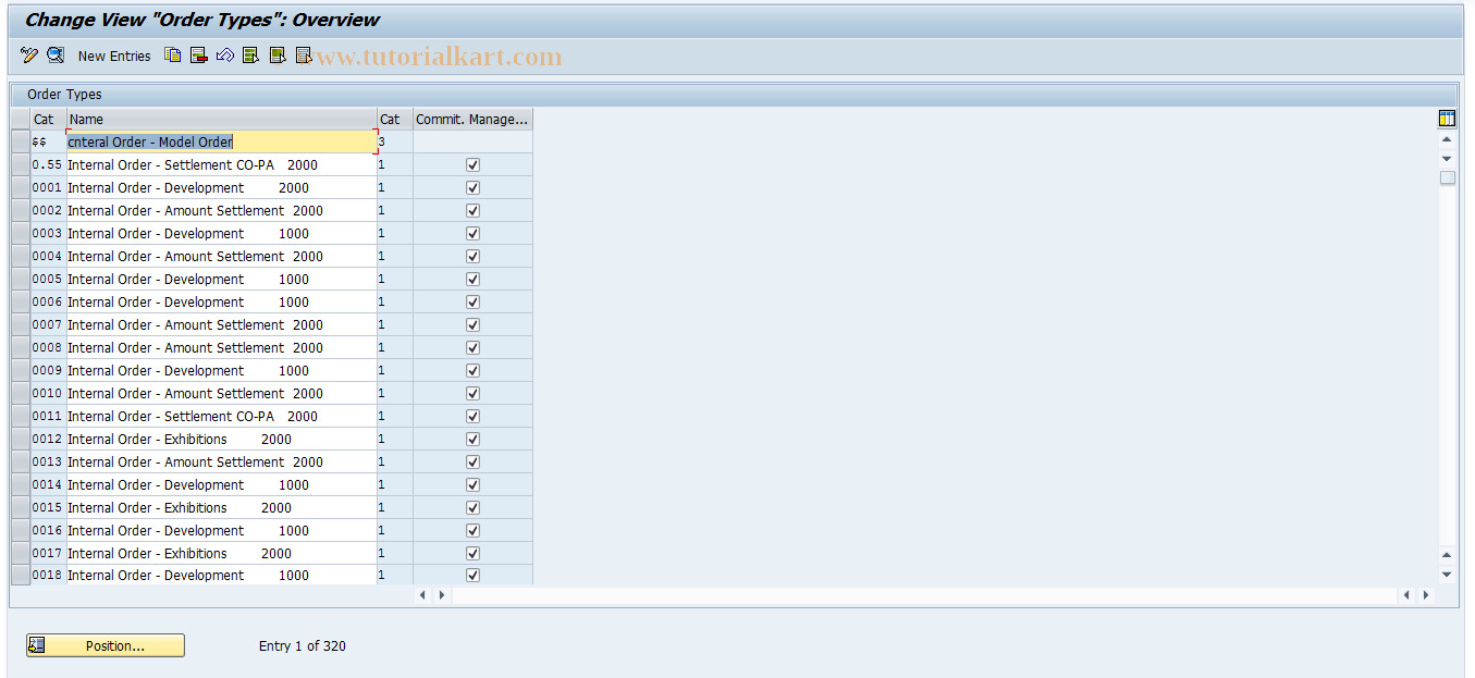 SAP TCode KOAO - Order Types: Commitment Update