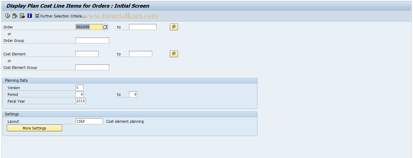 SAP TCode KOBP - Orders: Plan Line Items