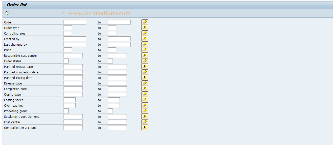 SAP TCode KOL1 - Order List (Master Data)