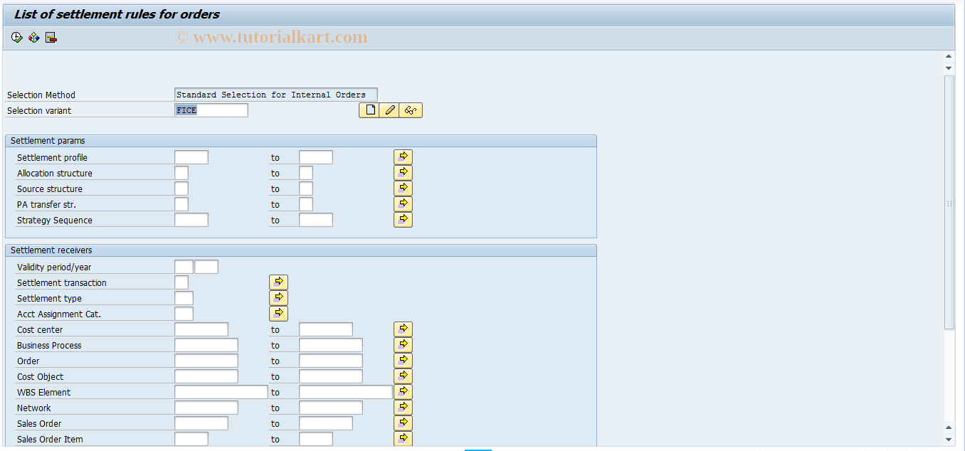 SAP TCode KOSRLIST_OR - Internal Orders: Collective Display SettRu