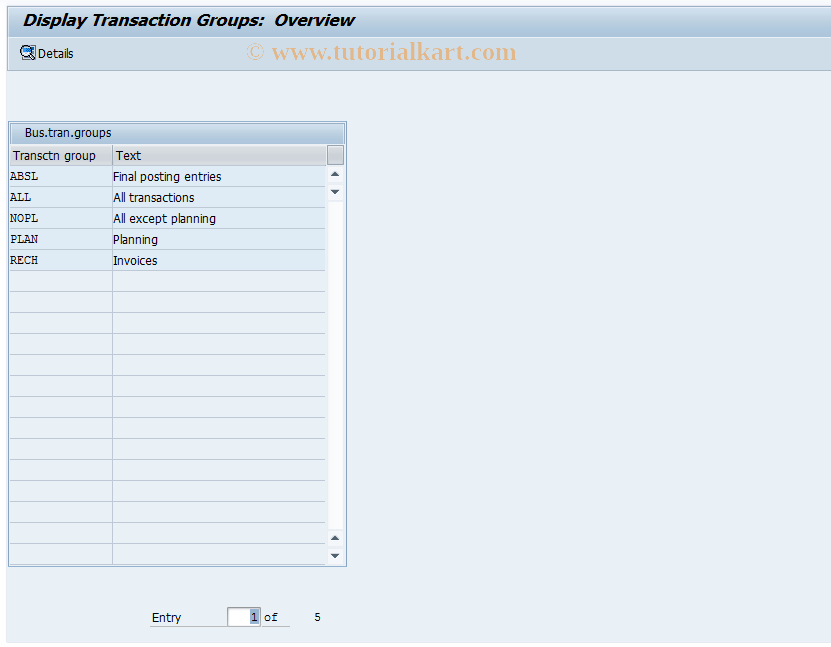 SAP TCode KOV3 - Display Transaction Group s for Orders