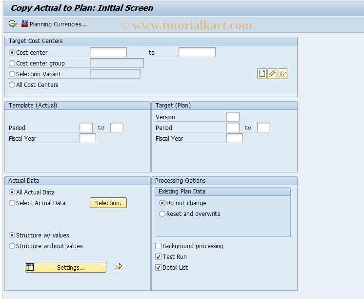 SAP TCode KP98 - Copy Actual to Plan for Cost Centers