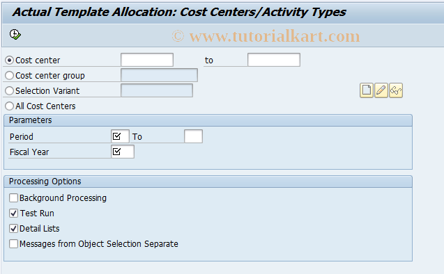SAP TCode KPAS - Actl. Template - Allocation : CCTR/Acty Type