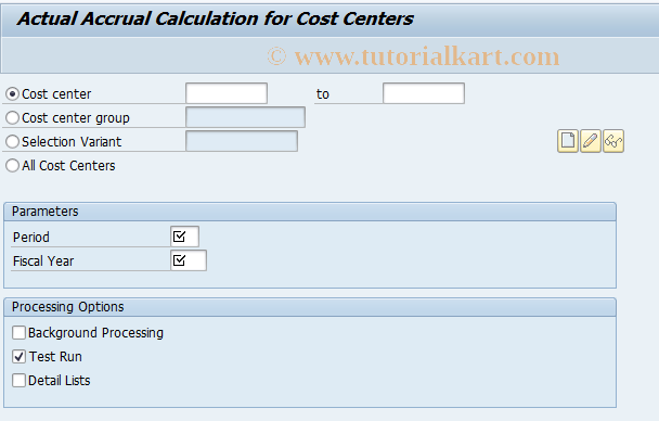 SAP TCode KSA3 - Actual Accrual for Cost Centers