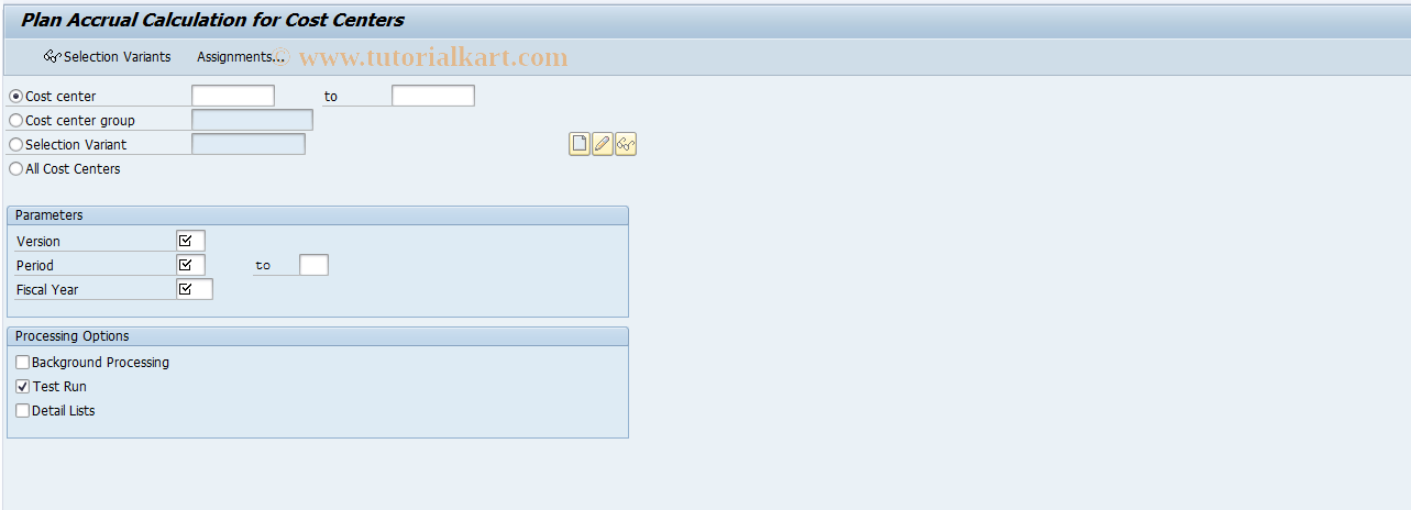 SAP TCode KSA8 - Plan Accrual for Cost Centers