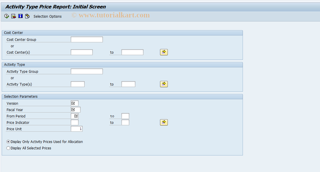 SAP TCode KSBT - Cost centers: Activity prices