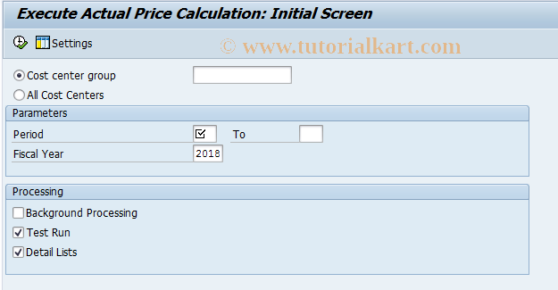 SAP TCode KSII - Actual Price Determination: CCtrs
