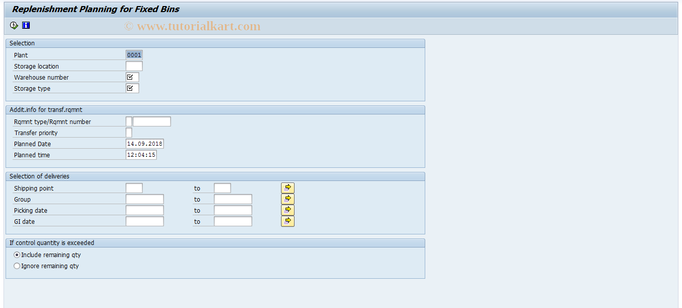 SAP TCode LP22 - Replenishm. Planning for Fixed Bins