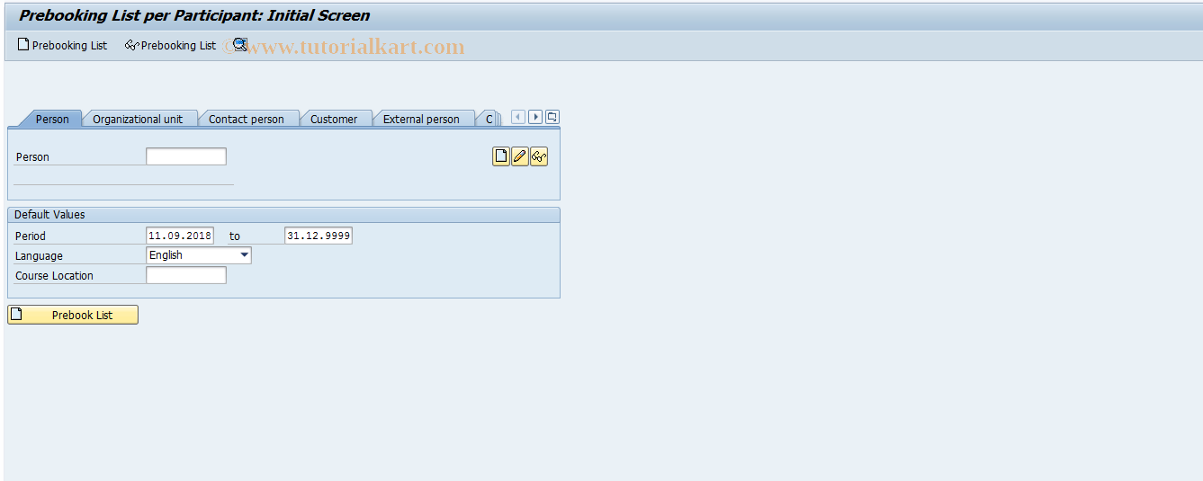 SAP TCode LSO_PV16 - Prebook List: Course Types