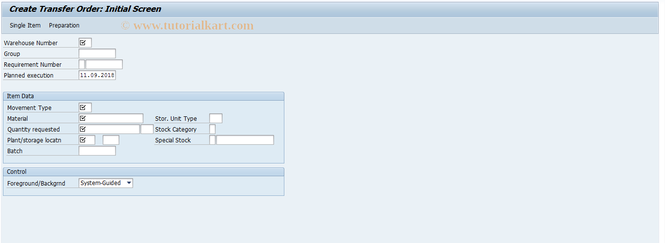 SAP TCode LT0A - Pre-plan storage units