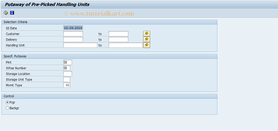 SAP TCode LT0B - Putaway Pre-Picked Handling Units