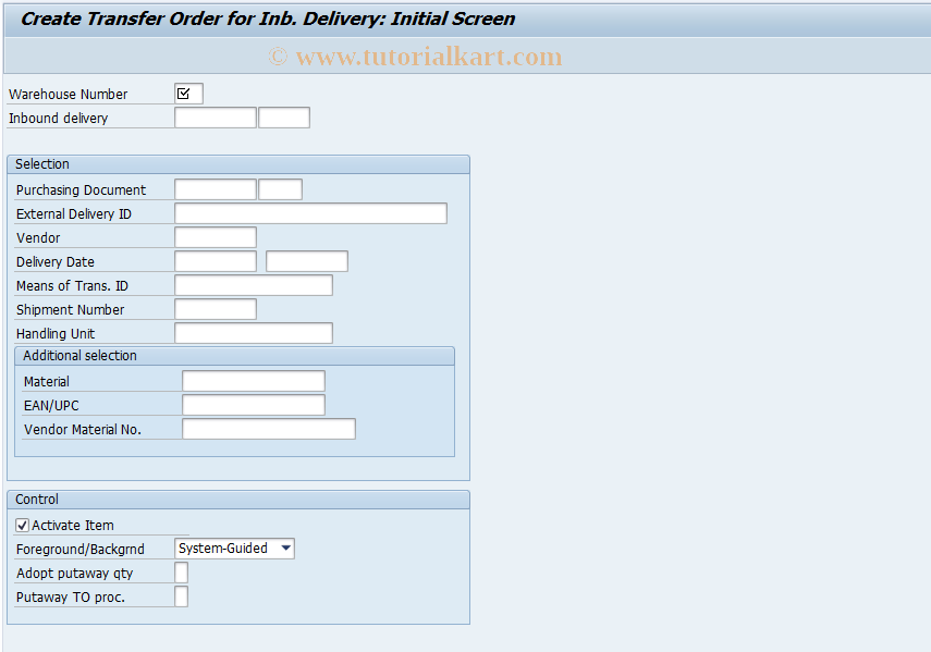 SAP TCode LT0F - Create TO for Inbound Delivery