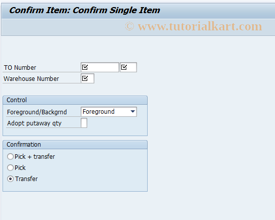 SAP TCode LT1C - Confirm TO-Item Transport