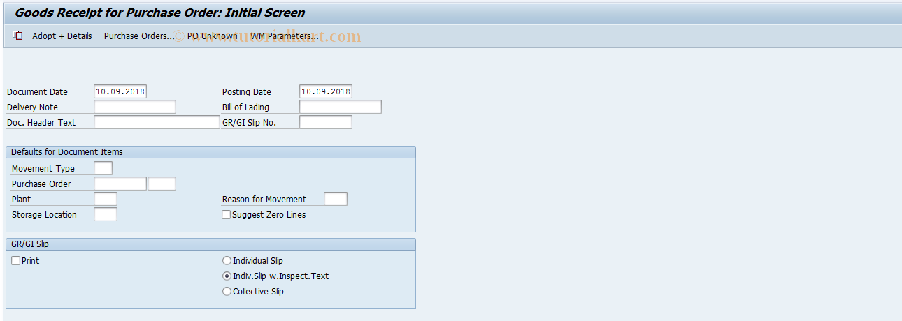 SAP TCode MB01 - Post Goods Receipt for PO