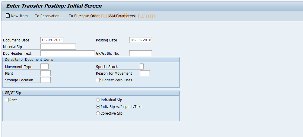 SAP TCode MB1B - Transfer Posting