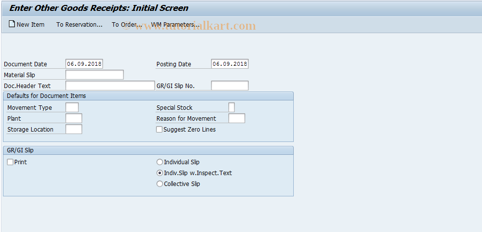 SAP TCode MB1C - Other Goods Receipts