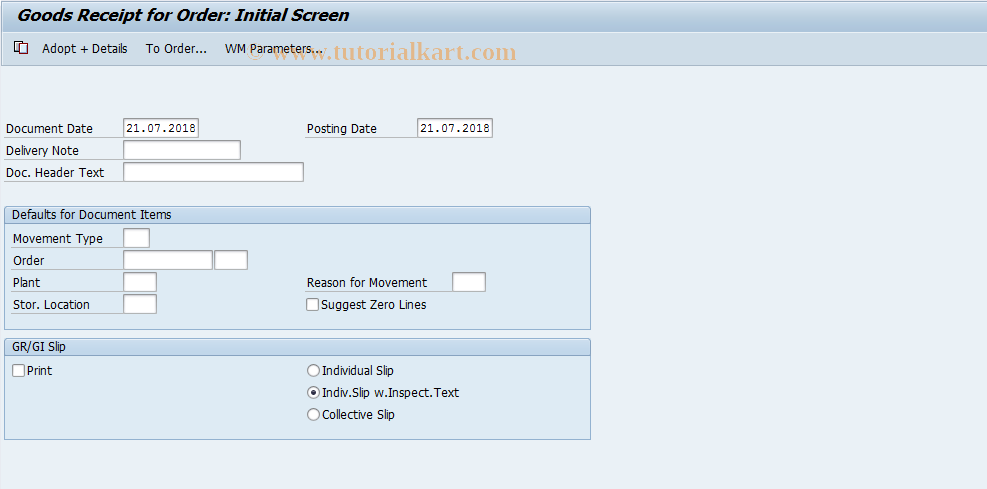 SAP TCode MB31 - Goods Receipt for Production Order