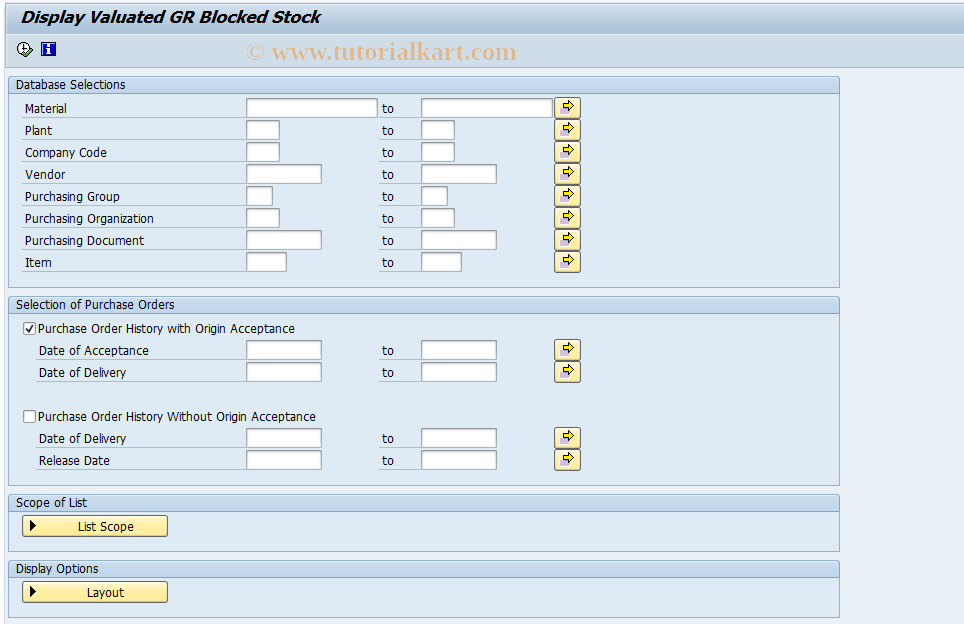 SAP TCode MB5OA - Display Valuated GR Blocked Stock