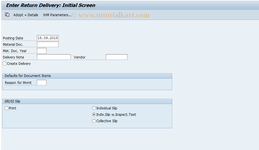 SAP TCode MBRL - Return Delivery for Matl Document