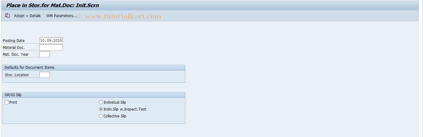 SAP TCode MBSU - Place in Storage for Mat.Doc:  Initialize Scrn