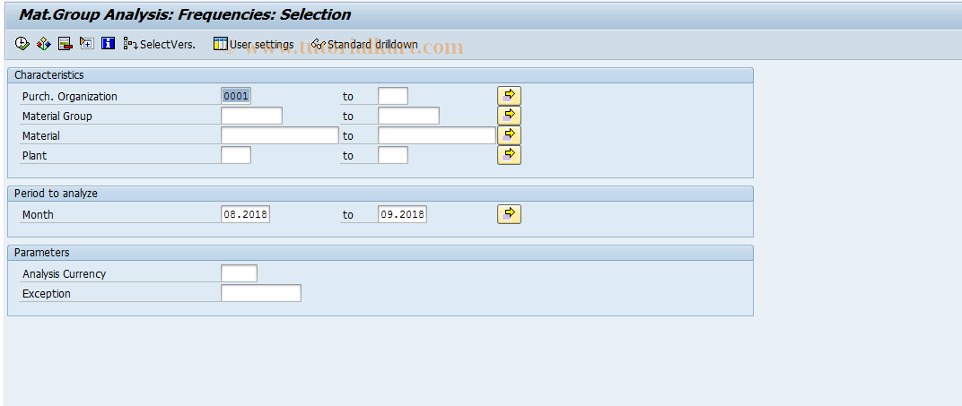 SAP TCode MC$E - PURCHIS: MatGroup  Freq. Selection
