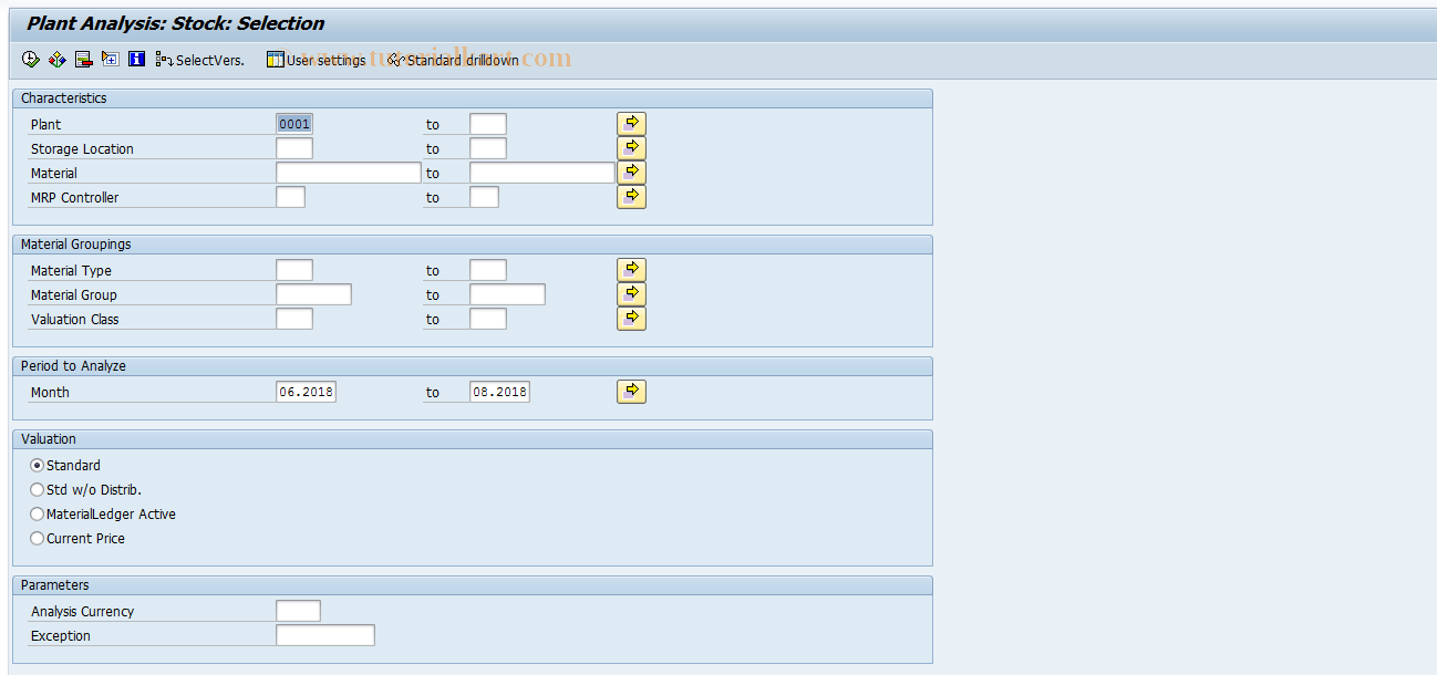 SAP TCode MC.1 - INVCO: Plant Anal. Selection: Stock