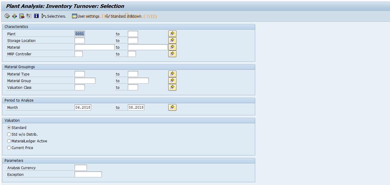 SAP TCode MC.3 - INVCO: Plant Anal.Selection, Turnover