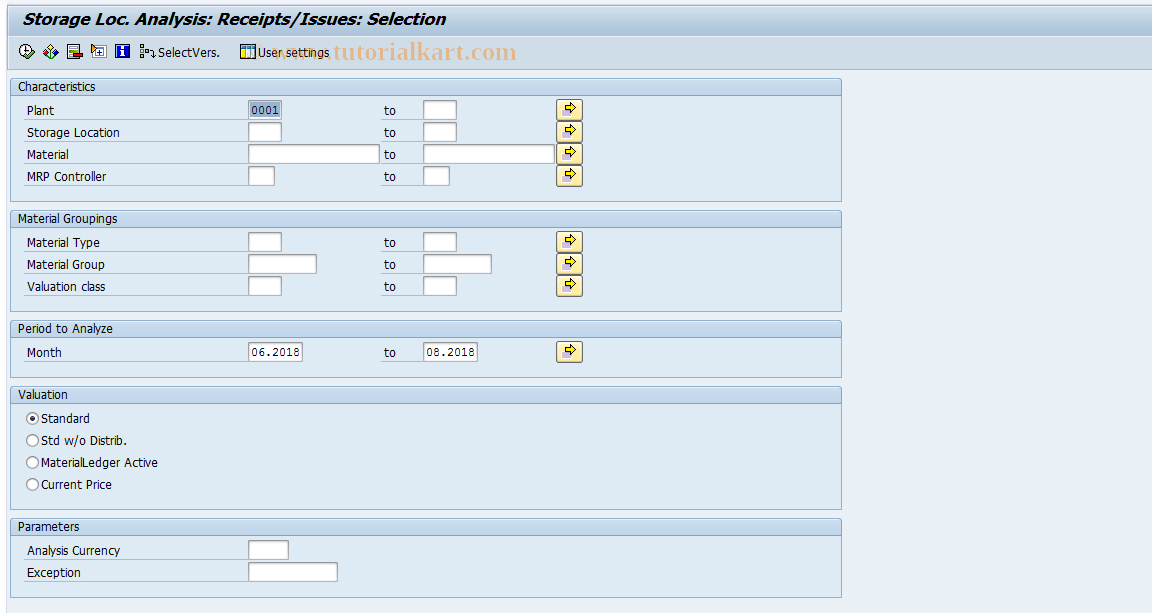 SAP TCode MC.6 - INVCO: SLoc Anal. Selection: Rec/Iss