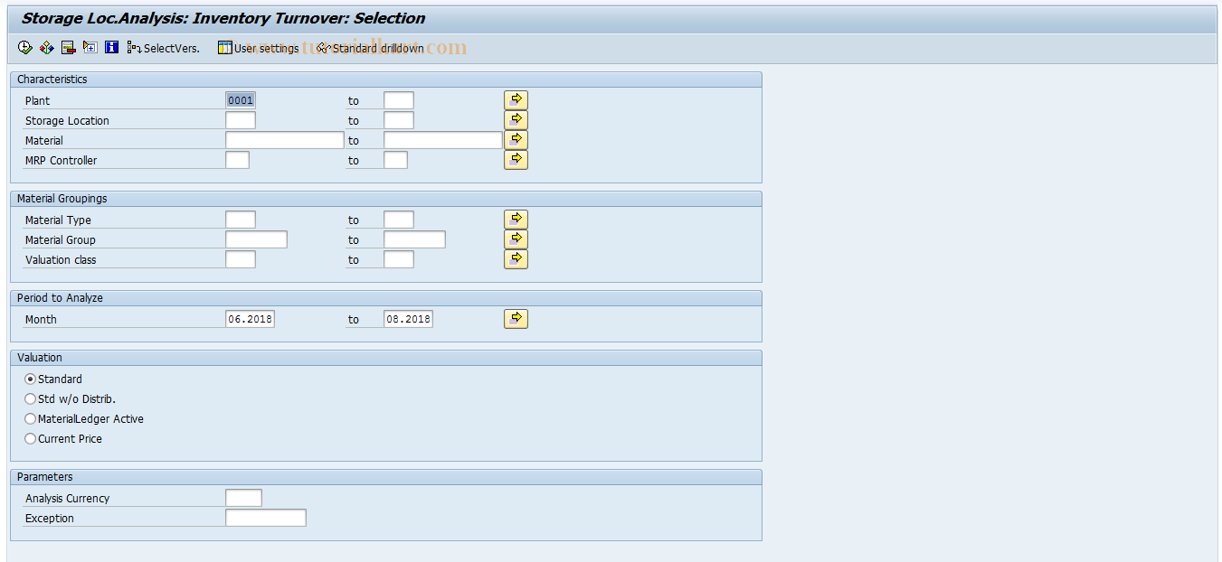 SAP TCode MC.7 - INVCO: SLoc Anal. Selection, Turnover