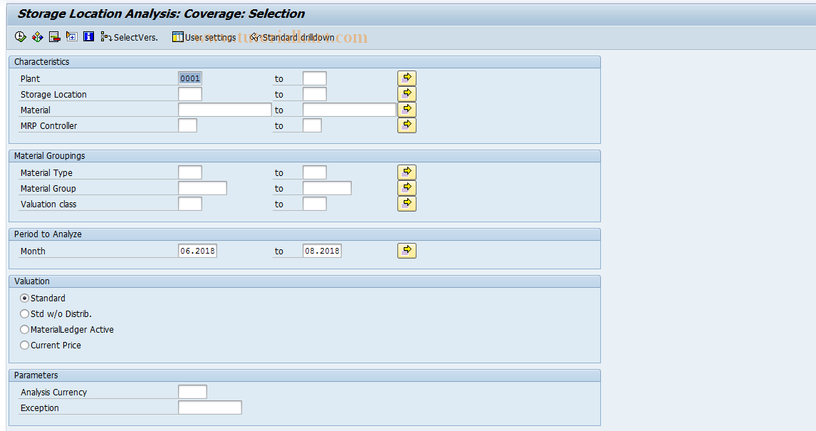 SAP TCode MC.8 - INVCO: SLoc Anal.Selection, Coverage
