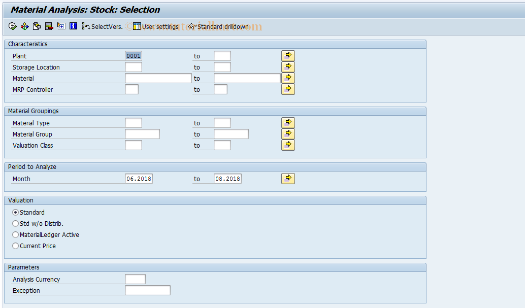 SAP TCode MC.9 - INVCO: Material Anal.Selection, Stock