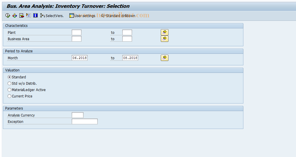 SAP TCode MC.J - INVCO: Business  Area Anal. Sel. Turnover