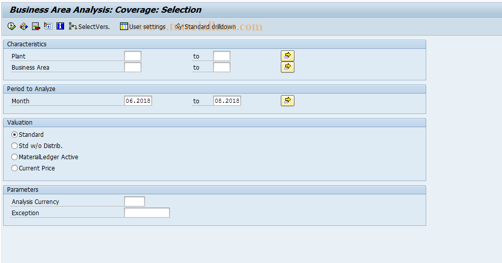 SAP TCode MC.K - INVCO: Business  Area Anal. Sel. Coverage