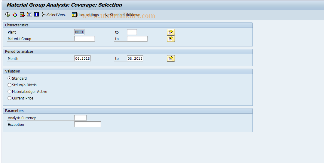 SAP TCode MC.O - INVCO: Mat.Group Anal. Sel. Coverage