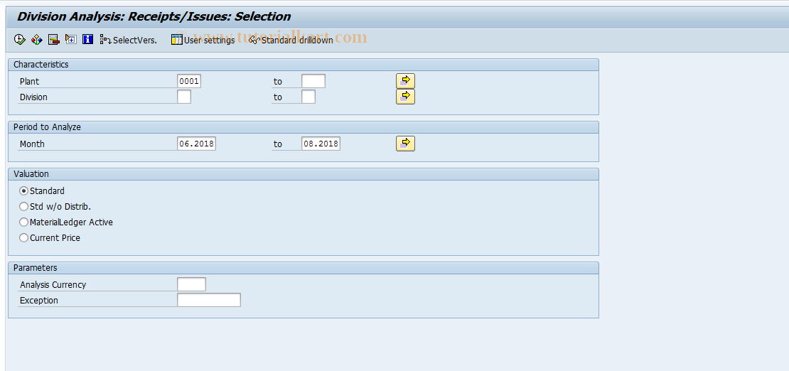 SAP TCode MC.Q - INVCO: Division Anal. Sel. Rec/Iss