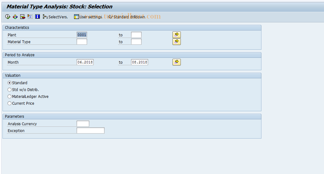 SAP TCode MC.T - INVCO: Mat.Type Anal.Selection Stock
