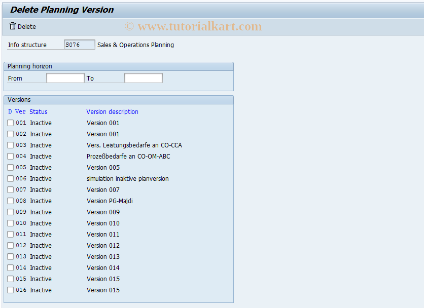 SAP TCode MC80 - Delete and activate versions