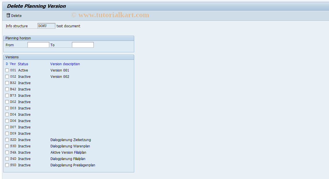 SAP TCode MC8W - LIS Planning: Delete Versions