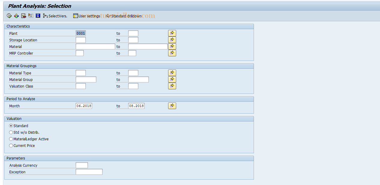 SAP TCode MCBA - INVCO: Plant Analysis Selection