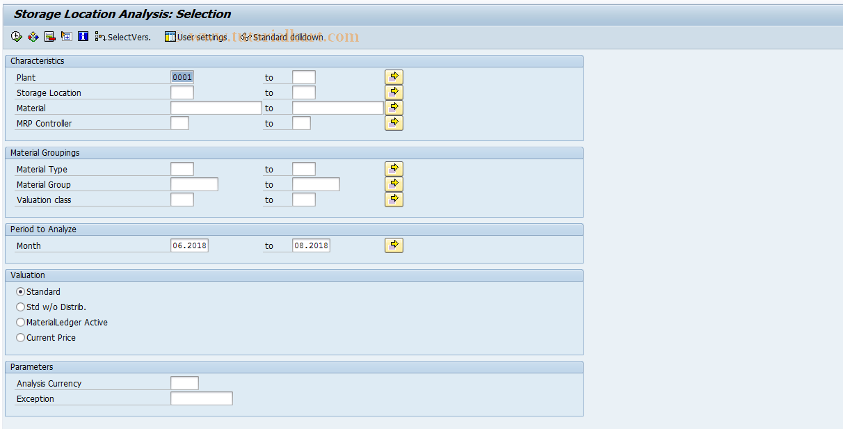 SAP TCode MCBC - INVCO: Storage  Location  Analysis Selection