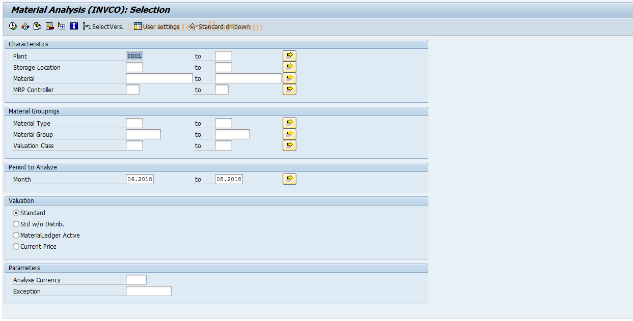 SAP TCode MCBE - INVCO: Material Analysis Selection