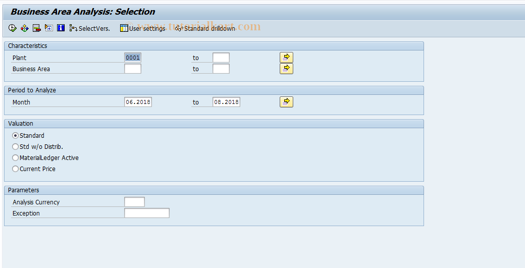 SAP TCode MCBI - INVCO: Business Area Anal. Selection