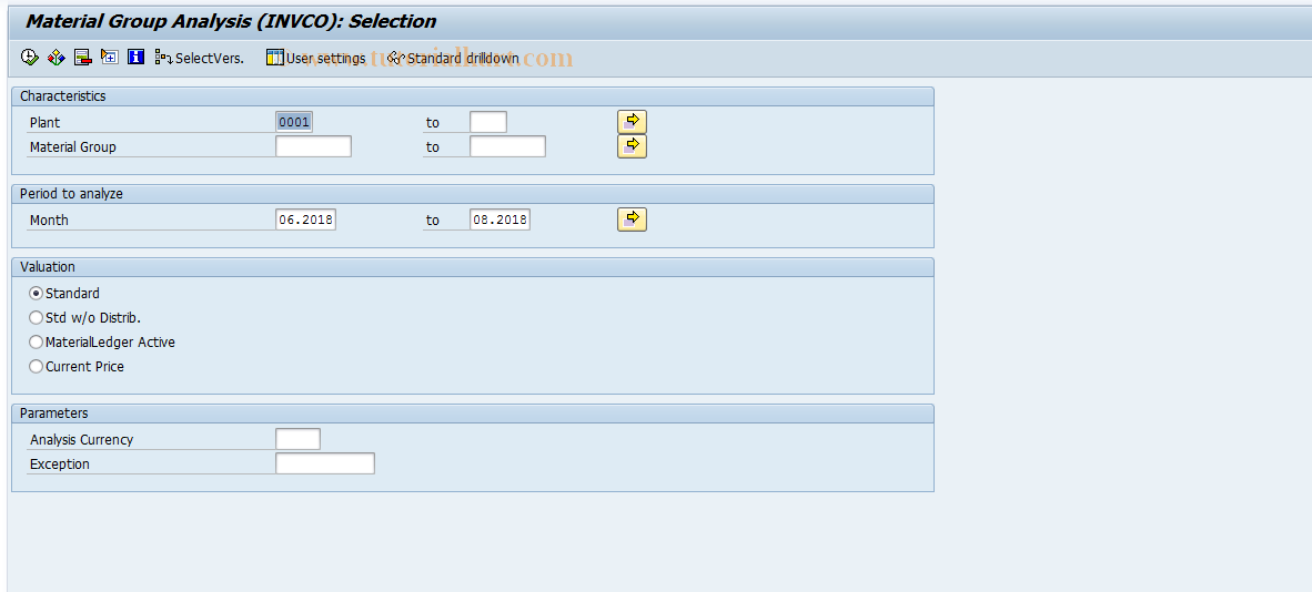 SAP TCode MCBK - INVCO: MatGroup  Analysis Selection