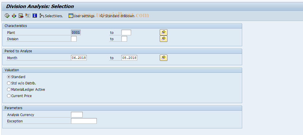 SAP TCode MCBM - INVCO: Division Analysis Selection